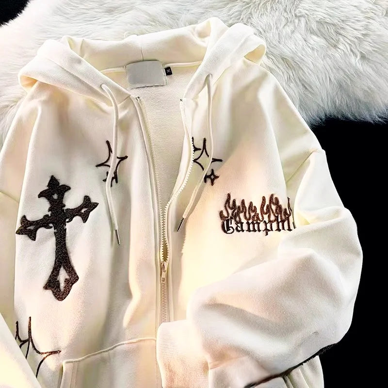 Hiphop Letter Embroidery Sweatshirt Women Autumn Harajuku Zip Up Casual Loose Hoodie Retro Long Sleeve Hooded Jacket Y2K Clothes - reetell