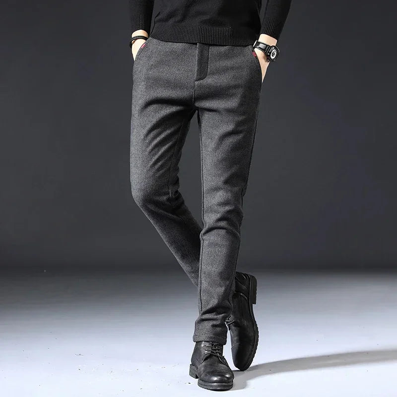 2023 New Autumn Winter Classic Work Stretch Pants Men Cotton Business Slim Fit Grey Black Korea Thick Casual Cargo Trousers Male - reetell