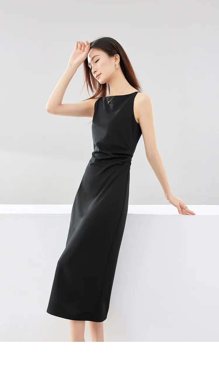 SENTUBILA Ruched Black Dress Women 2024 Spring Summer Party Slim Temperament Slash Neck Sleeveless Lady Midi Dresses Q33L52443 - reetell