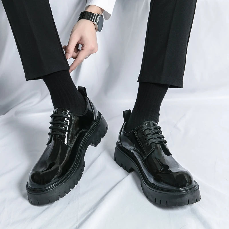 Men Casual Large Toe Original Black Platform Business Thick Bottom Dress Shoes Men Gentleman Outdoor Patent Leather Safety Shoes - reetell