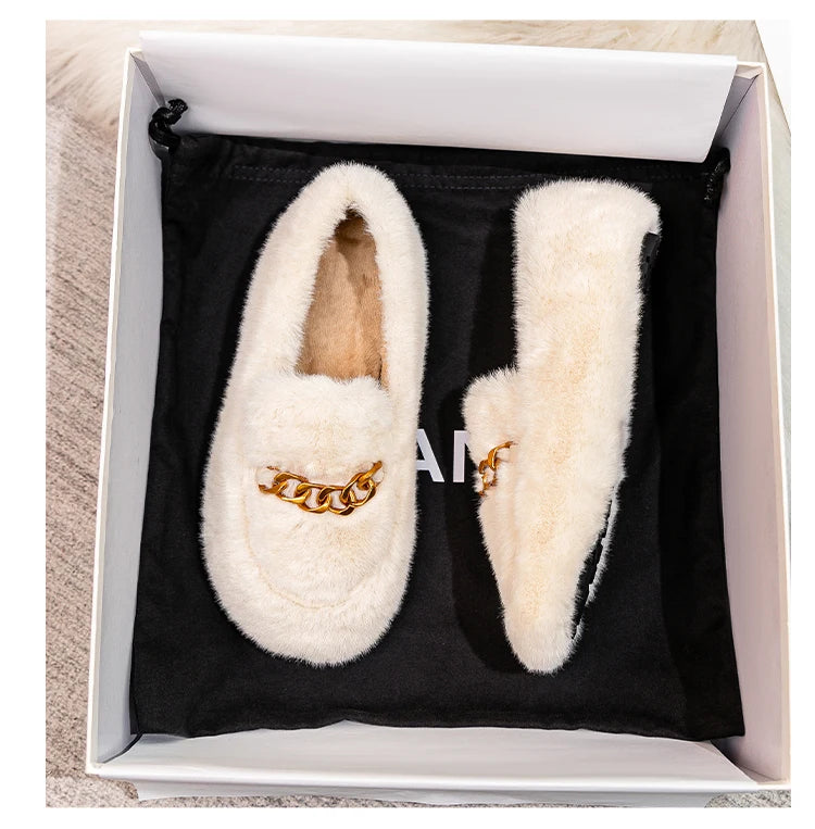 2023 winter women's outdoor plush warm shoes british style metal chain decoration snow boots boat shoes Ladies' casual flats - reetell