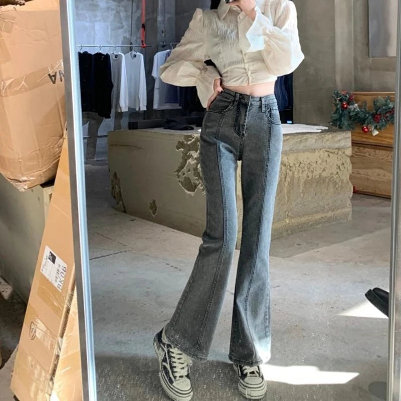 Vintage High Waist Flare Jeans High Street Women Boot Cut Denim Pant Slim Loose Korean Casual Button Up Zippers Gray Trousers - reetell