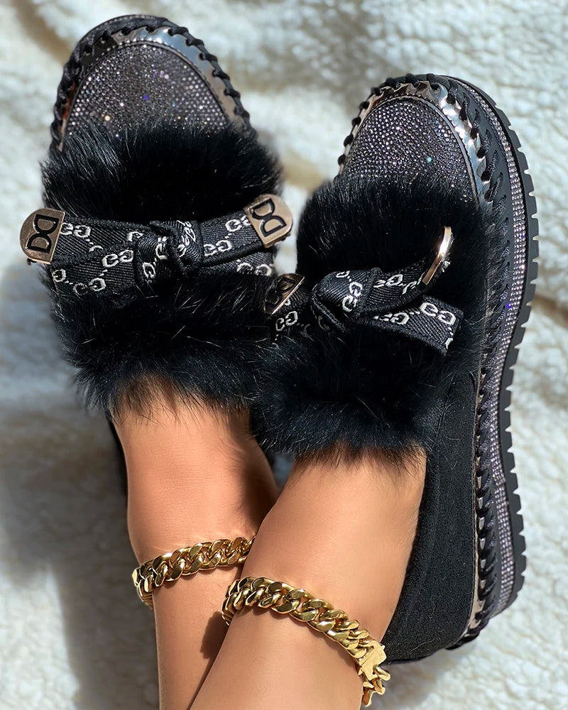 Women Fashion Solid Color Shoes Flat Warm Rhinestone Bowknot Design Platform Fuzzy Slip-On Loafers