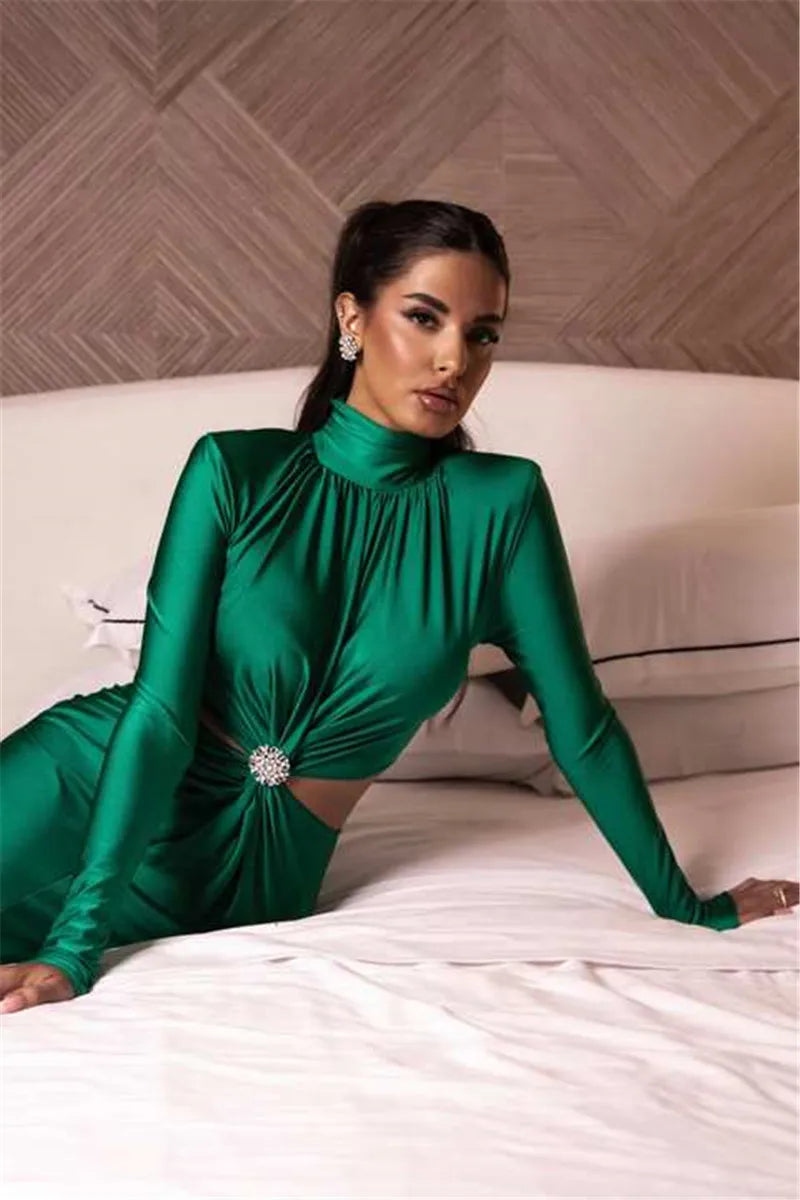 Mozision Elegant Hollow Out Sexy Maxi Dress For Women Autumn Winter New Turtleneck Long Sleeve Bodycon Club Party Evening Dress - reetell