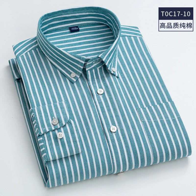 Men's Oxford Long Sleeve Shirts Cotton Regular Fit Casual Fashion Striped Solid Color Plaid Shirt Summer Print Workwear - reetell