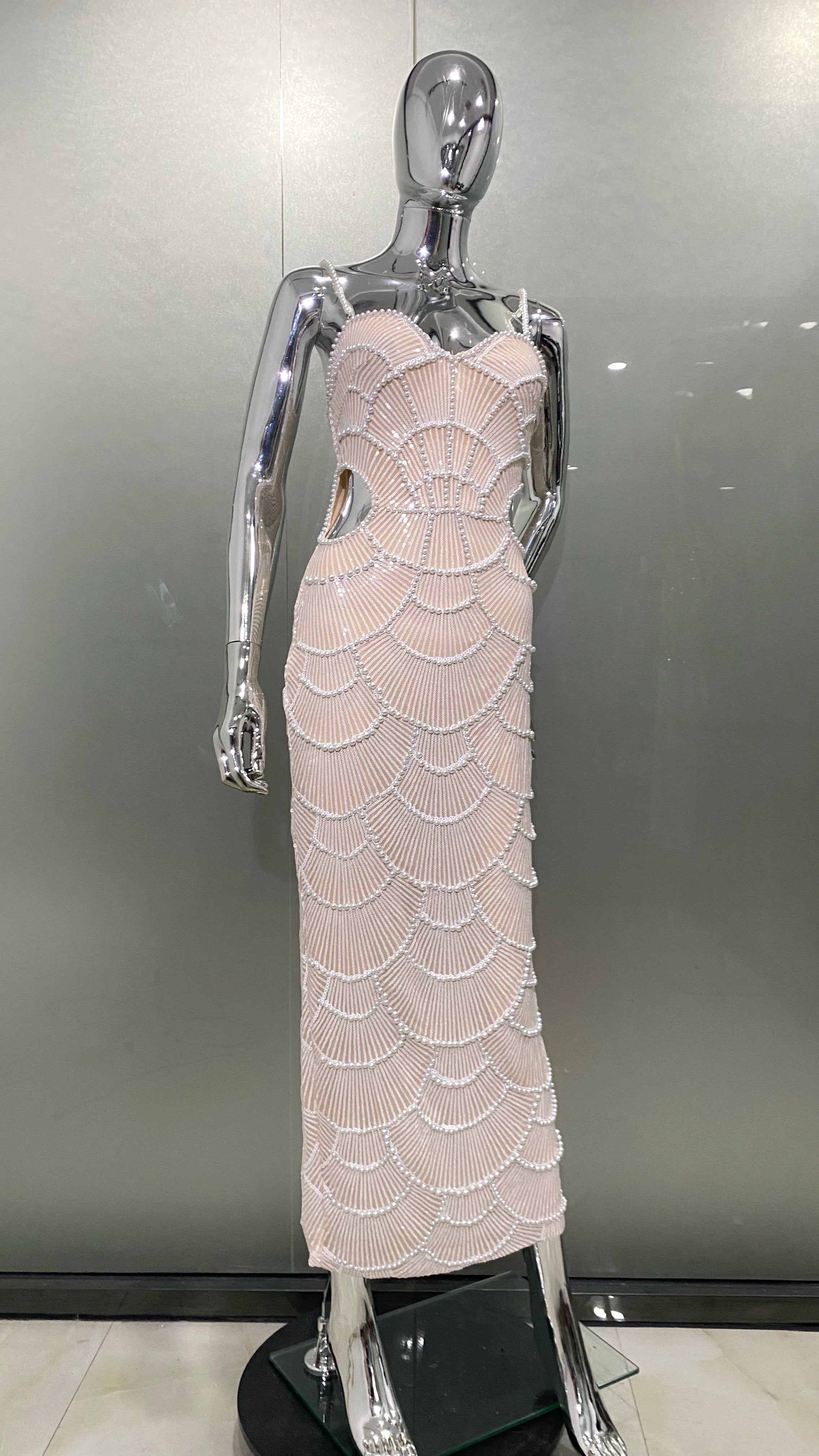 High Quality Women Sleeveless Sexy Strap Pearl Beading Bodycon Mid-calf Dress Fashion Celebrate Birthday Party Evening Dress - reetell