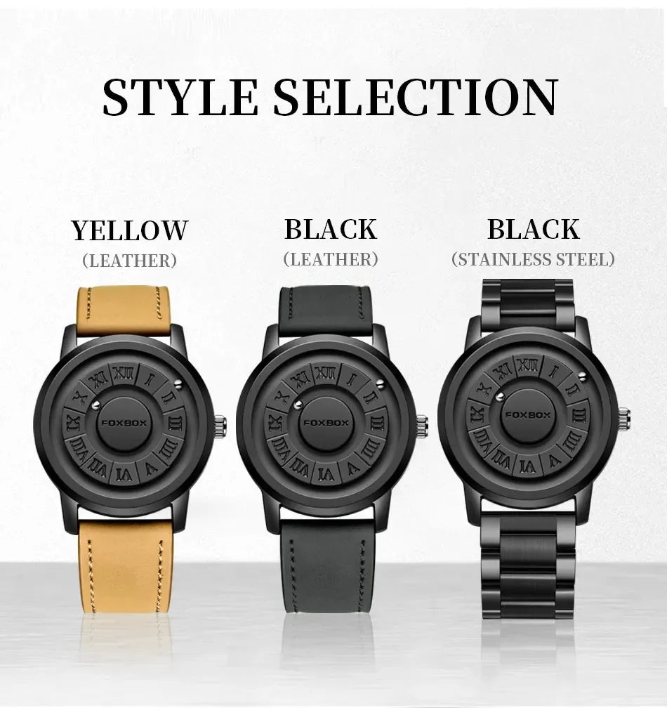 FOXBOX Mens Watches Creative Scrolling Pointer Magnetic Force Quartz Wristwatch Genuine Leather Watch Man Relogio Masculino+Box