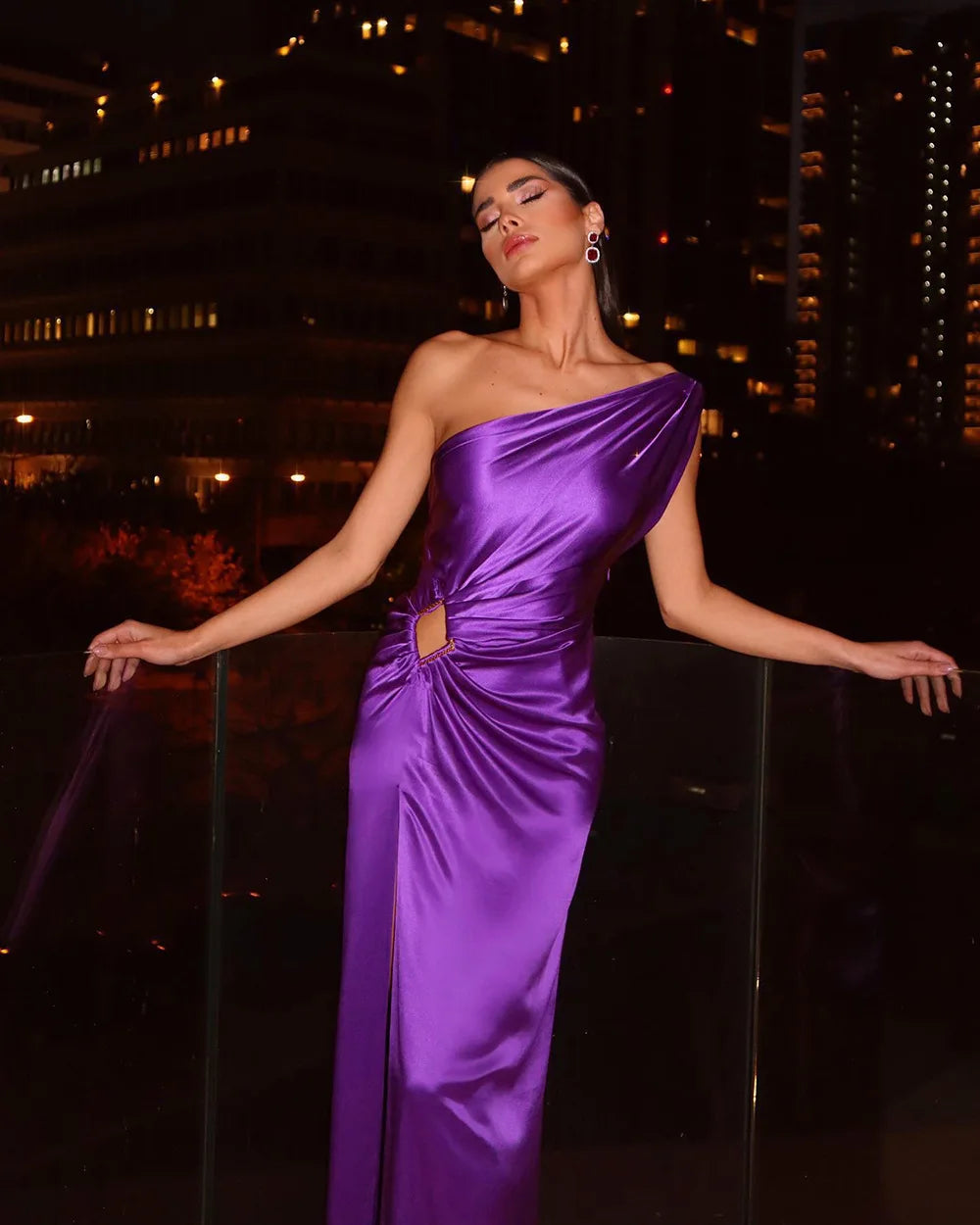 New Ladies Purple One Shoulder Sexy Skinny Draped Sleeveless Sequin Cutout High Slit Long Celebrity Party Dress - reetell