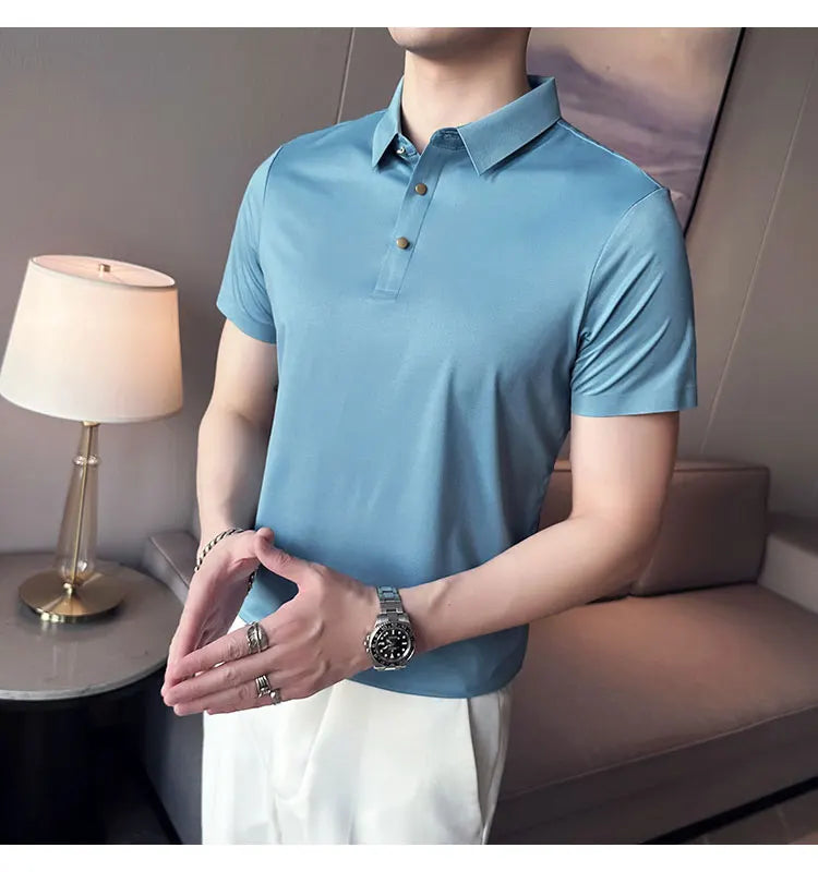 Ice Silk Traceless T-shirt Men's  Business Casual Solid Color Half Sleeve High Elasticity Top Silk Smooth Breathable POLO Shirt