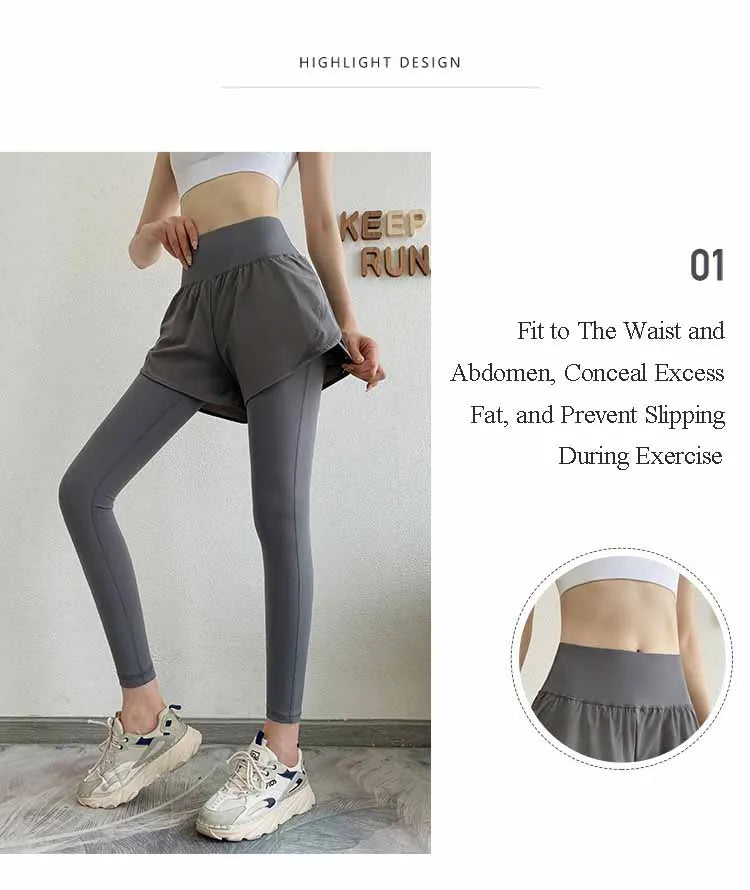 Women Gym Yoga Pants Fake 2 Pieces Sports Pants With Shorts Quick Dry Outdoor Fitness Training Workout Running Tights Leggings - reetell