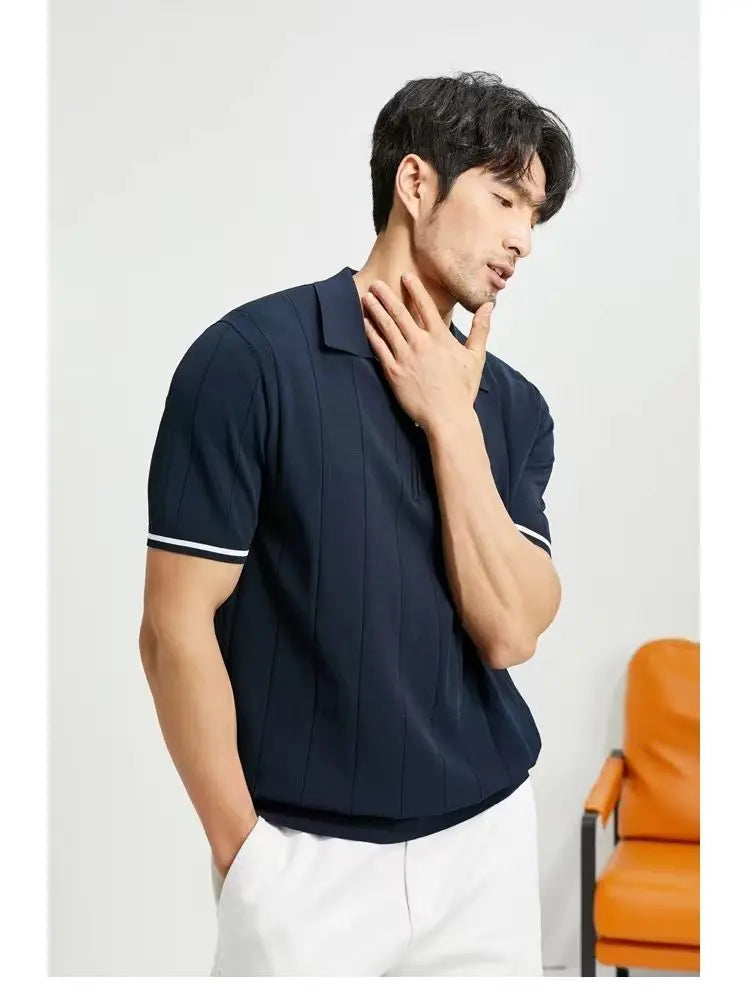 Summer New Men Clothing Lapel Zippers Polo Shirts Fashion Business Casual Vertical Lines Loose Solid Short Sleeve Thin Tops 2024