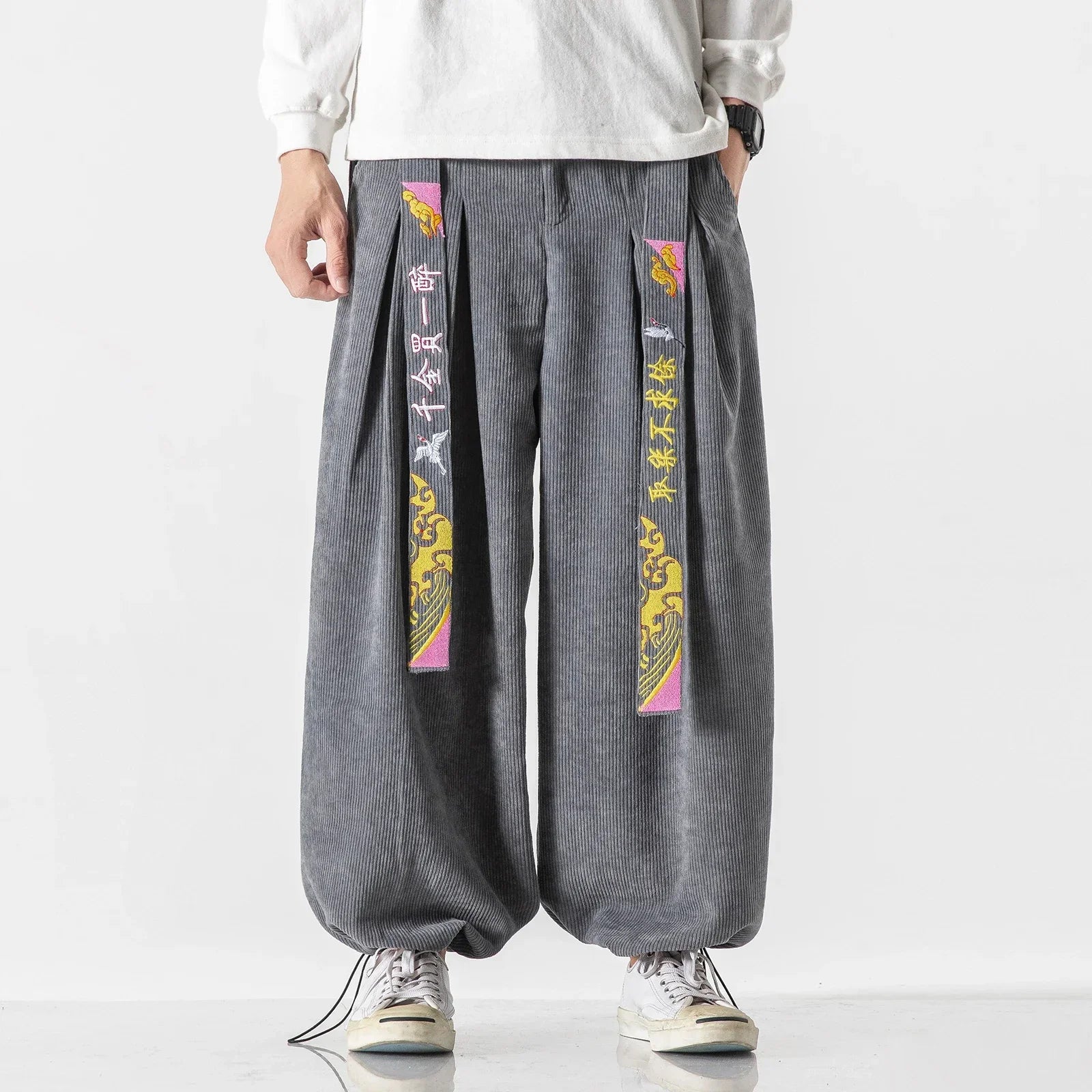 Chinoiserie Belt Men Pants Fashion Loose Harajuku Sports trousers Hip Hop Jogging Pants Corduroy Casual Couple Harem Pants M-5XL