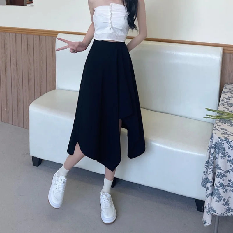 Black Irregular Skirt Women Spring Summer High Waist Thin Mid-length Umbrella Skirts Plus Size Bottoms Vintage Y2k Clothes - reetell