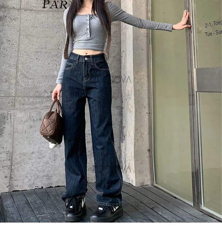 ZOENOVA High Waist Straight Women's Jeans 2024 Spring Korean Fashion Ladies Simple Versatile Loose Dark Blue Wide Leg Trousers - reetell