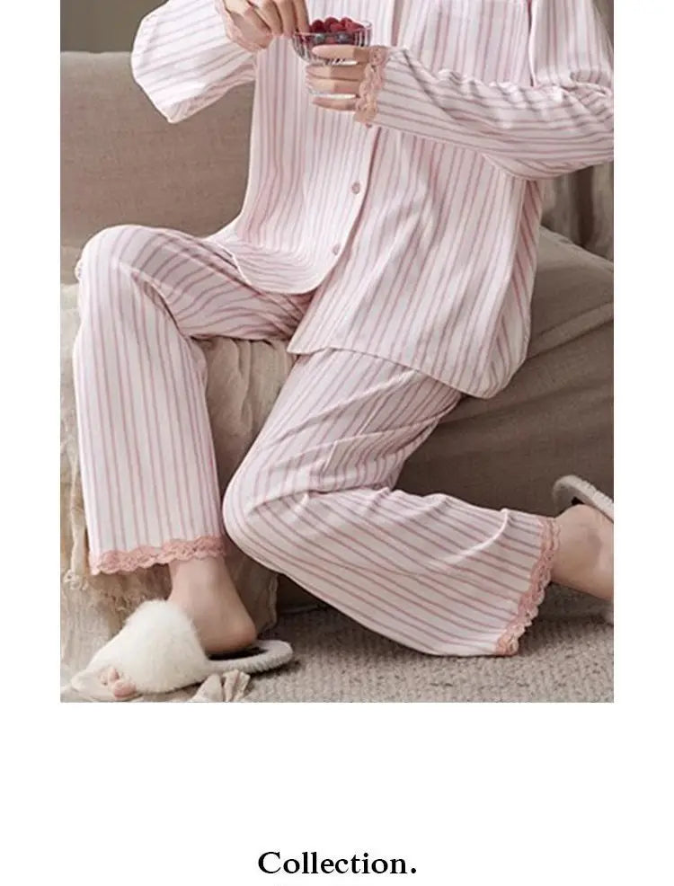 Striped Pajamasr Women Spring Autumn 2024 New Loungewear Cardigan Long Sleeved Cotton Sleepwear Lace V-neck Casual Homewear