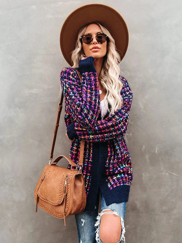 Fitshinling Bohemian Plaid Cardigans Women Vintage Long Coat Female Jacket Knitwear Winter Slim Sweater Cardigan Pockets - reetell