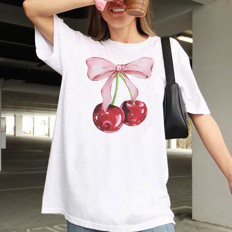 Cherry Bow Printed Women's Vintage T-Shirt Trendy Cute Coquette Tee Shirt Short Sleeve Cottagecore Aesthetic Tops Female Clothes - reetell