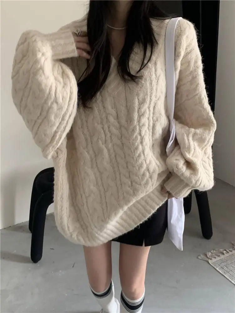 Women's Autumn and Winter Fashion Loose Outer Wear Lazy Style Niche Warm Knit Sweater Top - reetell