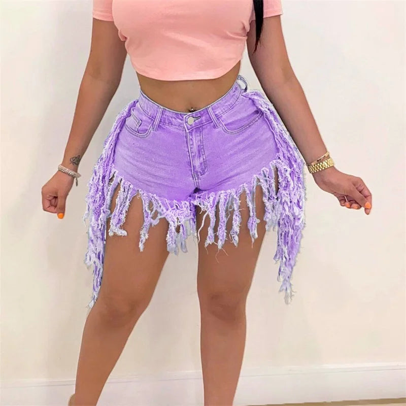 Fashion Tassel Splice Trouser Legs Denim Shorts Women High Waist Button Mini Jeans Female Casual Three Quarter Pants Streetwear - reetell