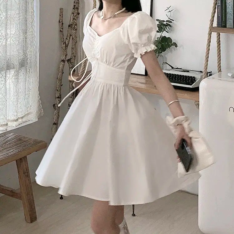 Sweet White Vestidos 2023 New Puff Sleeve Dress Women Mori Vintage Wrap Bodycon Short Dresses Preppy Style School Robes Female - reetell