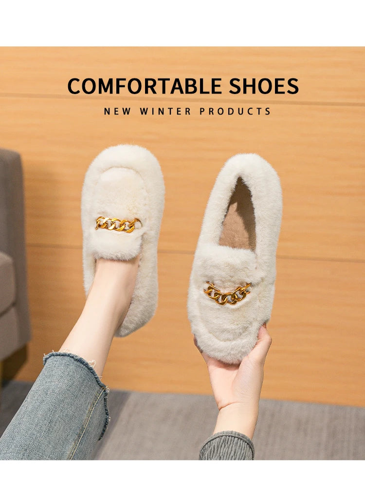 2023 winter women's outdoor plush warm shoes british style metal chain decoration snow boots boat shoes Ladies' casual flats - reetell