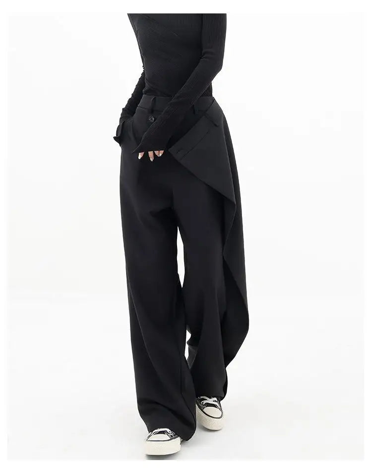 HOUZHOU Women Wide Suit Pants High Waist Gothic Japanese Style Baggy Black Trousers Irregular Straight Pants Casual Streetwear - reetell