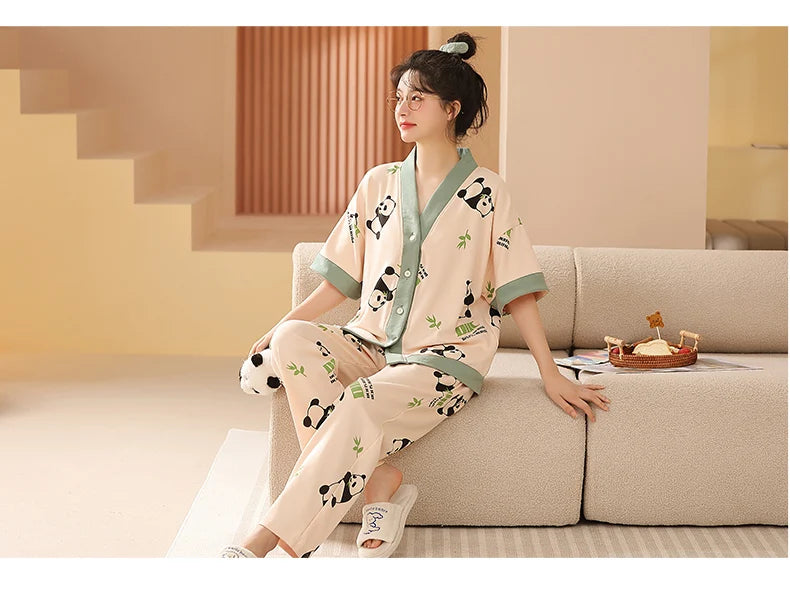 Women Clothing M-5XL Summer Cotton Panda Pajama Casual Short Sleeve Kimono Cardigan Sleepwear Cartoon Nightwear Woman Loungewear