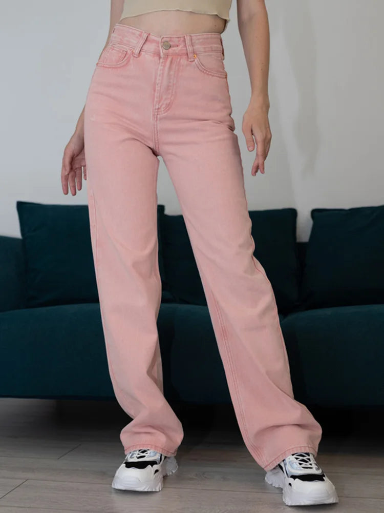 MiuKoMiYa Wide Leg Pink Jeans For Women High Waist Gray Full Denim Pants Straight Vintage Jean Women 2023 Fashion Denim Trousers - reetell