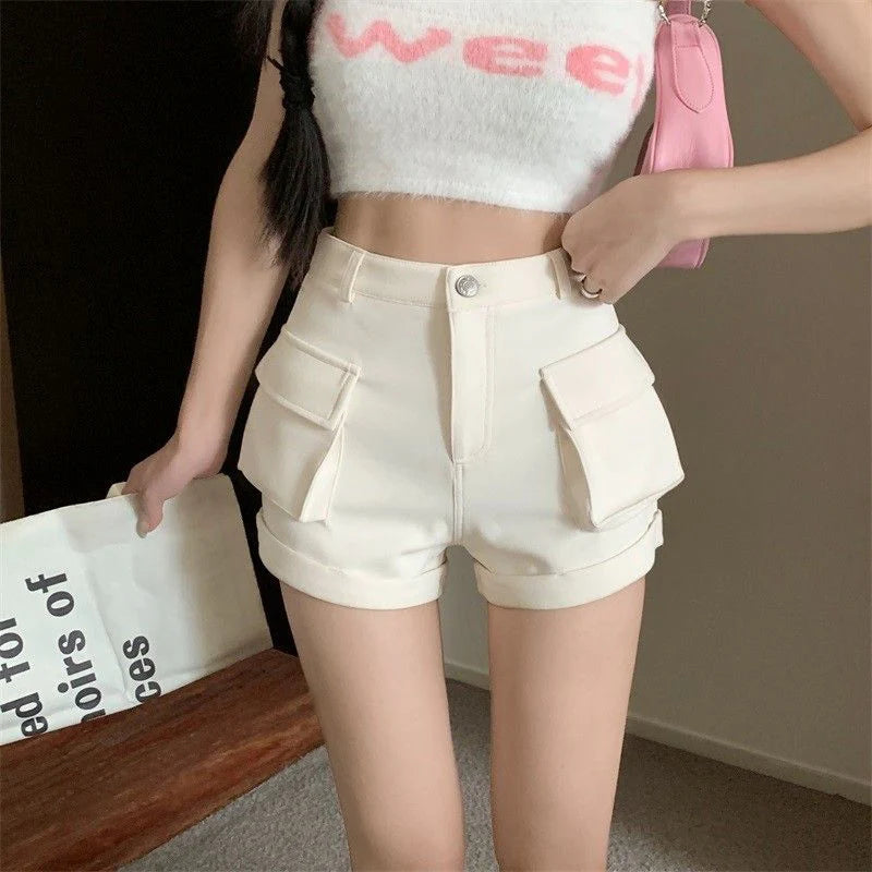 Zoki Korean Casual Cargo Shorts Women Pockets High Waist Streetwear Shorts Summer All Match Lady Simple Solid Slim Cargo Shorts - reetell