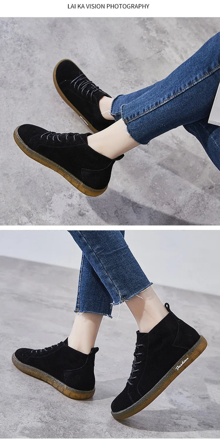 Soft Sole Single Shoes Spring and Autumn Flat Sole Women's Shoes Retro Single Layer High Top Frosted Leather  Ankle Boots Women