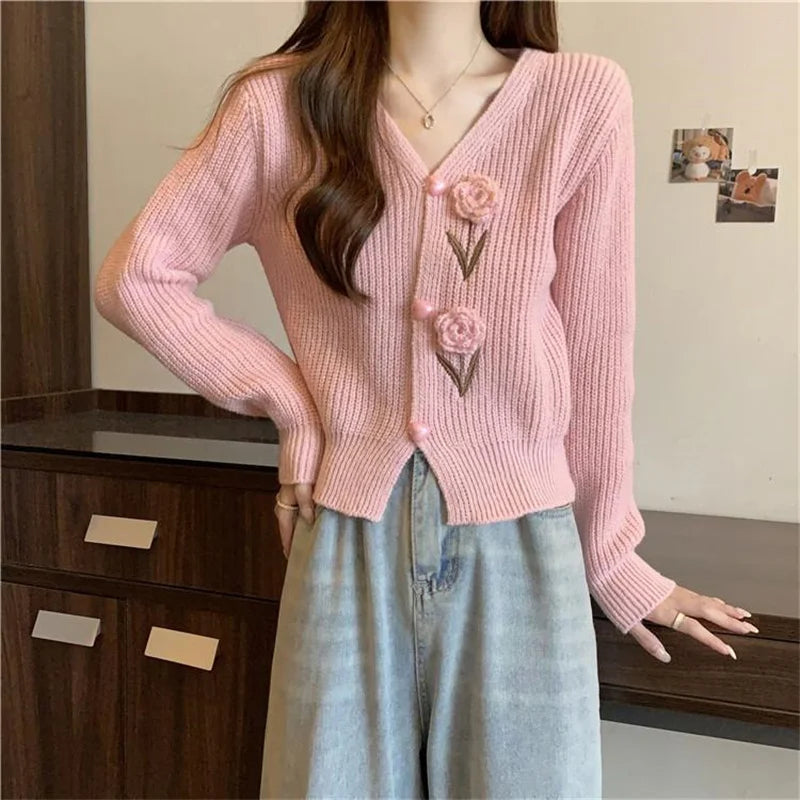 Heavy Industry Beautiful Flowers Knitted Cardigan Sweater Women Slim In Autumn And Winter With Small Cardigan V-neck Short Coat - reetell