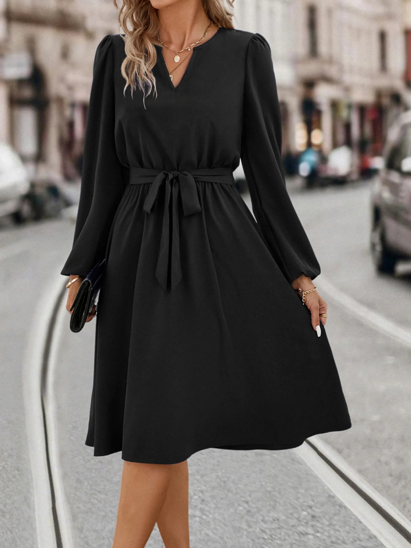 Elegant Women's Solid Color Lace Up Knee Length Dress 2024 New Autumn Winter Women's Long Sleeved V-neck Dress Vestido Femininos - reetell