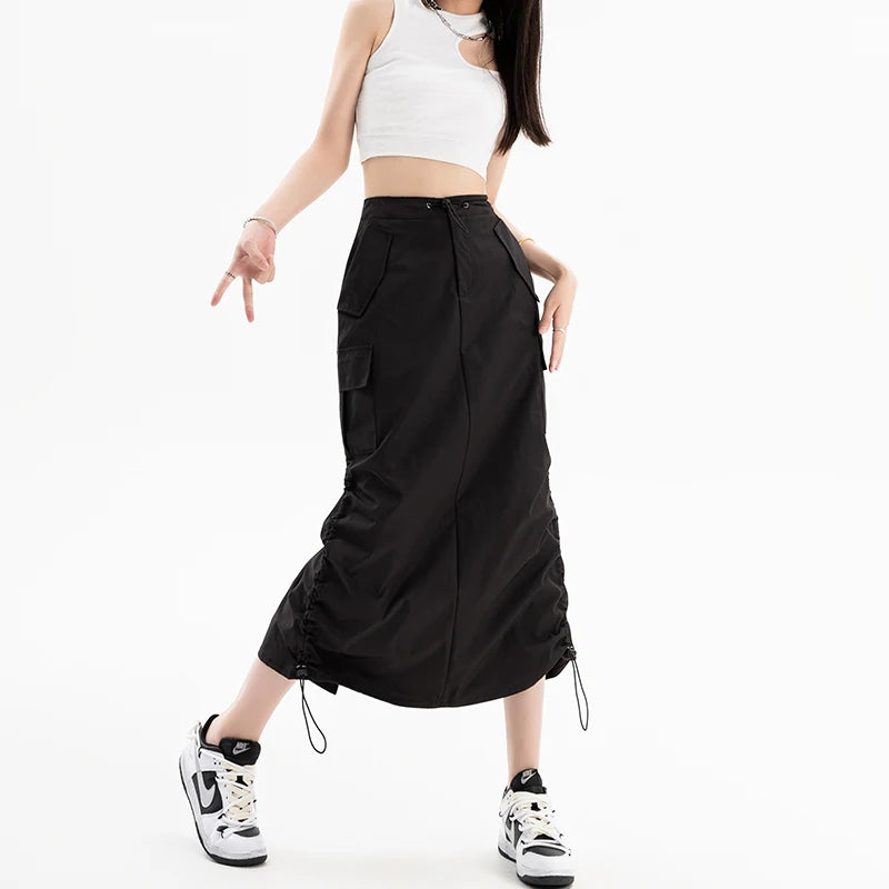 American Retro Cargo Skirt for Women Summer Slit Design Drawstring High Waist Mid-length Skirt Y2k Streetwear Fashion Clothing - reetell