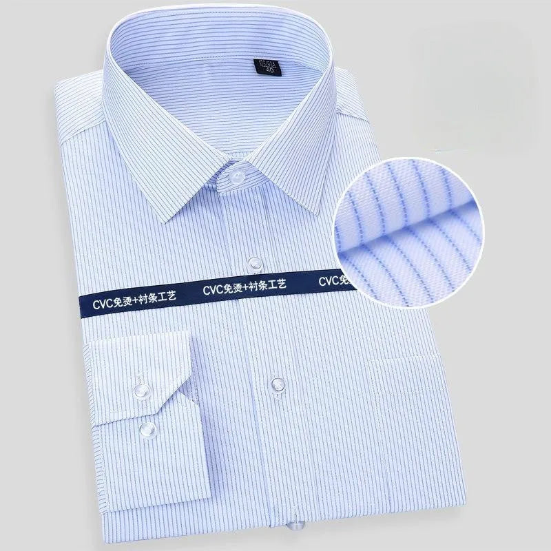 High Quality Cotton Men Dress Long Sleeve Shirt 2023 New Solid Male Plus Size Regular Fit Stripe Business Shirt White Blue - reetell