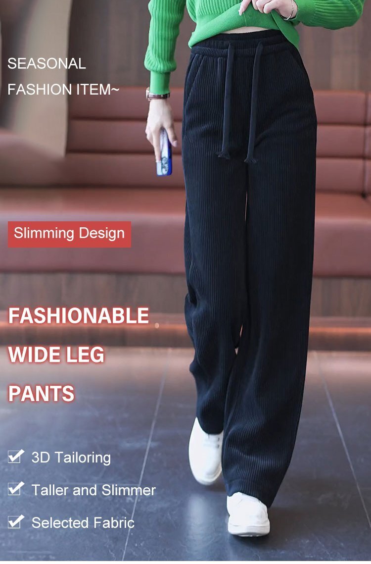 Women's Straight strappy trousers Drapey Corduroy High-waisted loose slimming Wide-Leg Pants  Spring Autumn cotton velvet pants - reetell