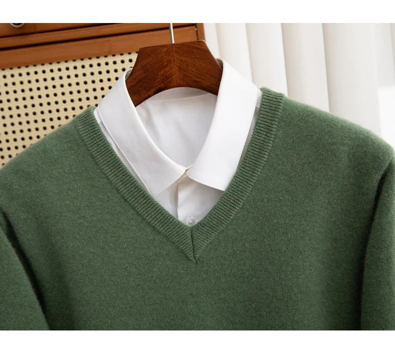 Men 100% Merino Wool Sweater V-Neck Pullover Autumn Winter Cashmere Warm Solid Knitwear Clothes Business Bottoming Soft Tops - reetell