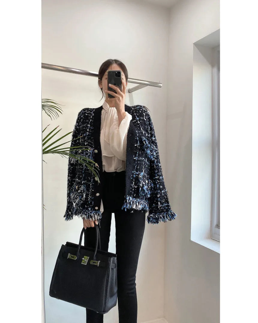 Korea Chic Autumn Winter V-Neck Tassel Wool Mixed Color Knitted Cardigan Coat Women's Loose Long Sleeve Sweater Knitwear 2023 - reetell