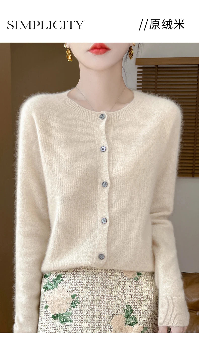 100% Merino Wool Long Sleeve Sweaters Cashmere Cardigan Spring Autumn Women O-Neck Knitwear Tops Clothing Fashion Basic Tops - reetell