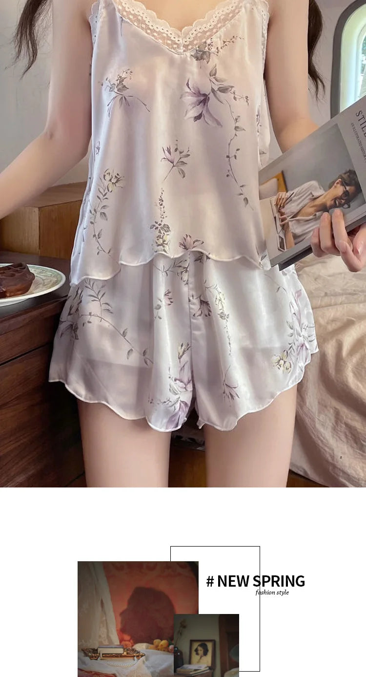 Ice Silk Sexy Pajamas Women's Lace Summer Pyjama Shorts Satin Lingerie Minimalist Home Clothing Two-piece Set Pajamas for Women