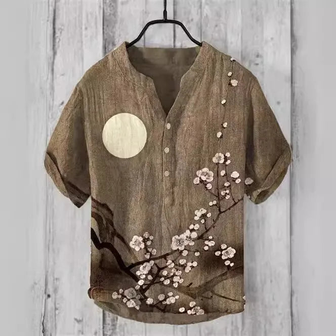 Henry Shirt - Men's 3D floral print short sleeved T-shirt, loose casual clothing top, buttons, new style