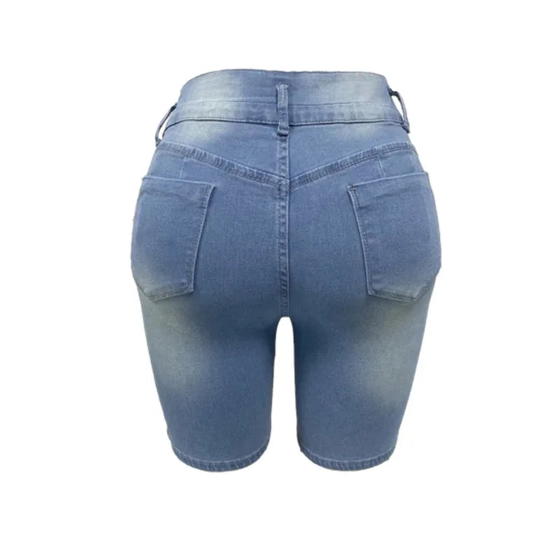 Fashion Slim Sexy Hip Lift Denim Shorts Women Three Buttons Splice High Waist Three Quarter Pants Female Broken Holes Mini Jeans - reetell