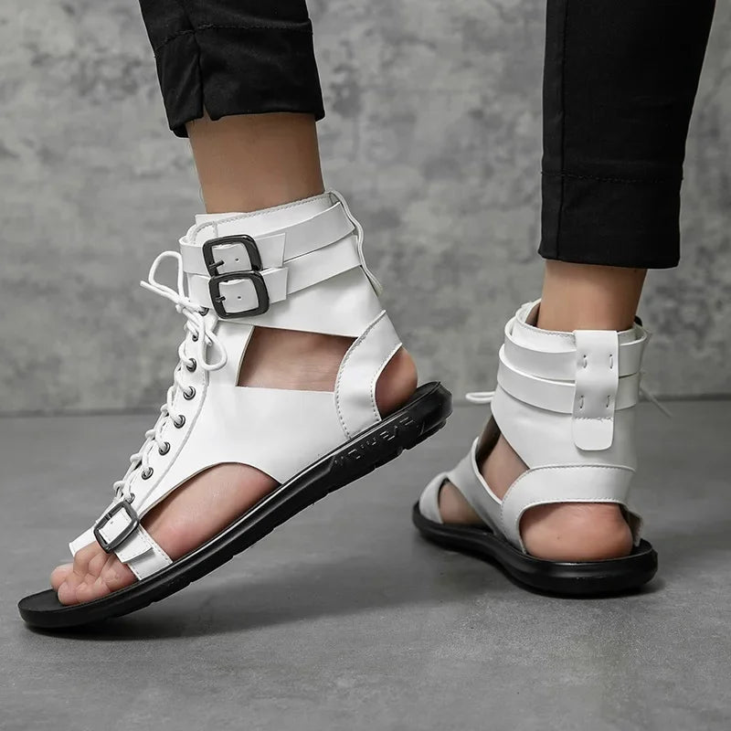 Summer New Men Gladiators Lace Up Buckle Leather Casual Shoes Breathable Beach Sandals Outdoor Slippers Black White Plus Size