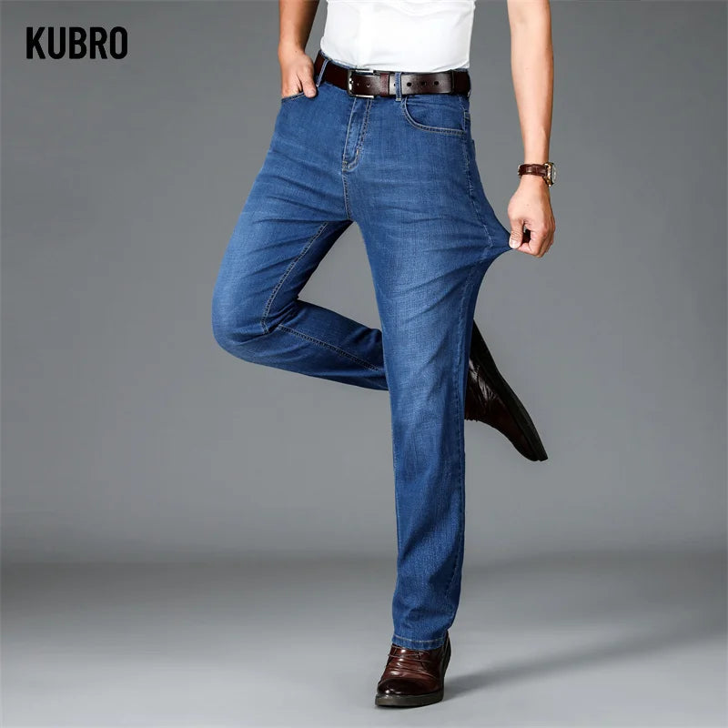 KUBRO Men Business Stretch Men's Jeans Men Korean Fashion Straightleg Versatile Denim Long Loose Pants Trendy Business Trousers - reetell