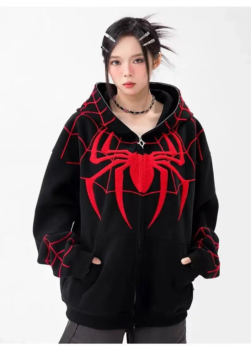 Gothic Y2k Anime Embroidery Zipper Spider Hoodies Men Sweatshirt Clothes Harajuku Oversize Hip Hop Long Sleeve Hoodie Men Women - reetell