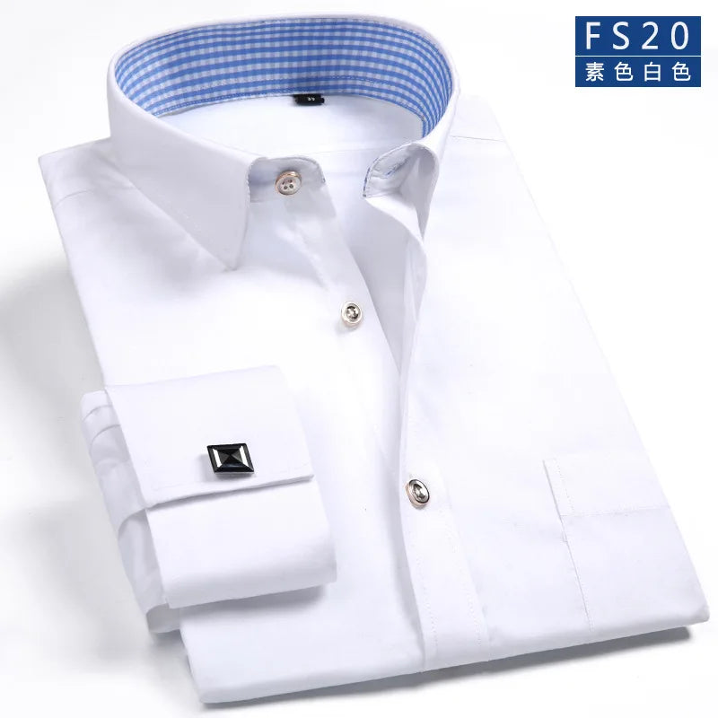 Men's French Cuff Dress Shirt 2023 New White Long Sleeve Formal Business Buttons Male Shirts Regular Fit Cufflinks Shirt M~6XL