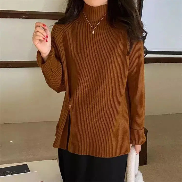 Women's Knit Sweater Off-white Loose Turtleneck Ladies PulloversButtons Slit Hot Sale Winter Offers Trend New Knitwear 2024 - reetell