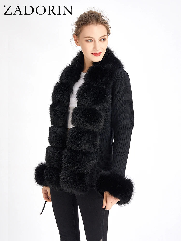 ZADORIN Luxury Fur Cardigan Knit Winter Sweater Women Elegant Detachable Fur Belt White Pink Black Womens Cardigan Korea Style - reetell