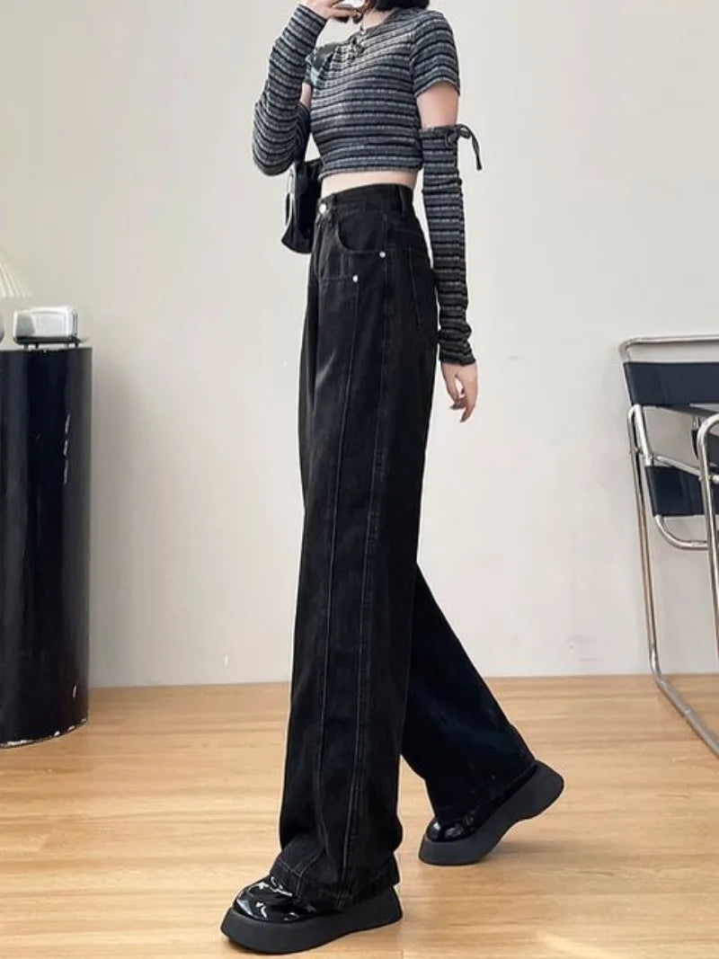 Spring Autumn Black Straight Solid Color Casual Loose Baggy Jeans Women High Waist Wide Leg Y2K Aesthetic Denim Pants Streetwear - reetell