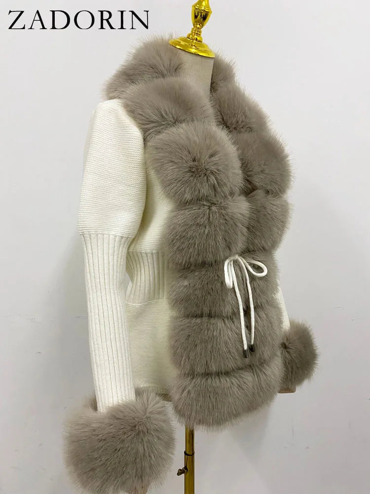 ZADORIN Luxury Fur Cardigan Knit Winter Sweater Women Elegant Detachable Fur Belt White Pink Black Womens Cardigan Korea Style - reetell