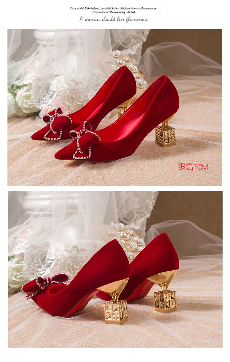 Autumn New Ladies High Heels Pointed Toe Shaped Heel High 5cm and 7cm Wedding Shoes Square Buckle Travel Banquet Shoe High Heels